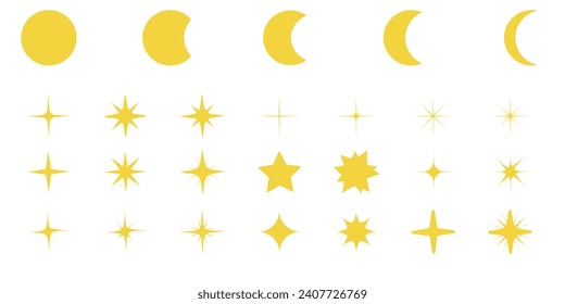  Set of star and moon elements of various shapes. Vector sparkling stars and moons. 