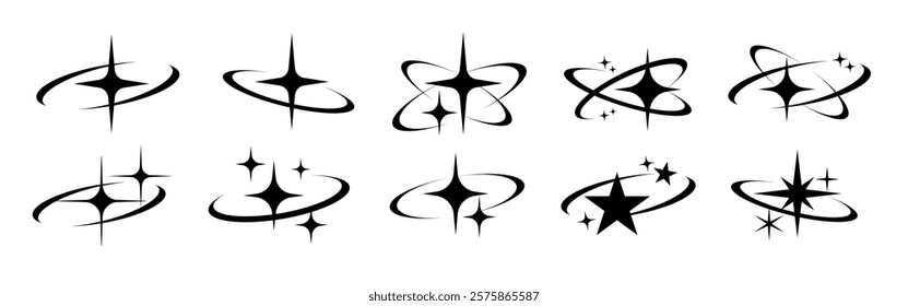 Set of star and orbit icons. Stars and orbits in various designs. Black star icons with orbit patterns. Perfect for celestial themes and designs. Element vector collection.