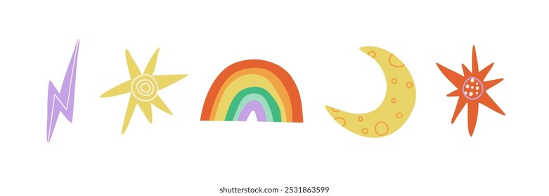 Set with star, rainbow and lightning in flat style. Natural phenomena. Hand drawn vector illustration.
