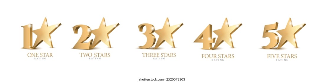 Conjunto de símbolos de classificação de estrelas. Placas Douradas 3D. Emblemas de classificação de estrelas. Cinco estrelas. Ilustração de vetor