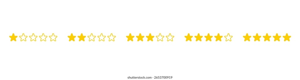 Conjunto de modelos de Classificação por Estrelas no estilo pixel art. Símbolos amarelos de avaliação. Revisão, comentários, etiquetas. Isolado no fundo branco.