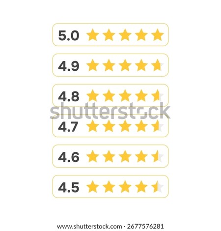  Set of star ratings from 5 to 4.5, vector icons showing feedback and evaluation scores. Vector