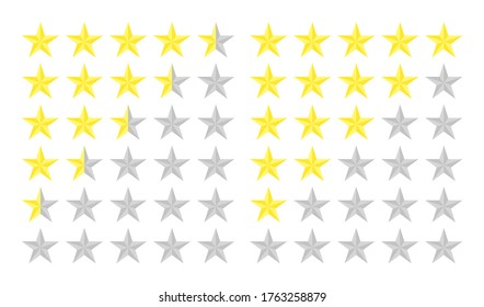 Set of star ratings. Customer review with golden star icon. 5 stars and a half customer rating in a flat style. Quality rank. Customer evaluation. Evaluation rank. Vector illustration