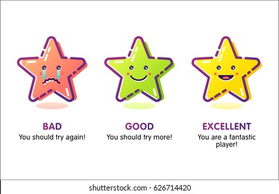 The set of star ratings with different colors for game achievements: bad, good, excellent. Outline flat design. Good for game design.