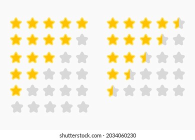 Set star ratings review flat icons for apps and websites. Illustration of five golden yellow stars in a row. Isolated in a white background. Concepts for ratings, opinion, 