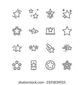 Set of star related icons, starry night, shooting, star, fireworks, twinkle, glow, sparkle, wish and linear variety vectors.