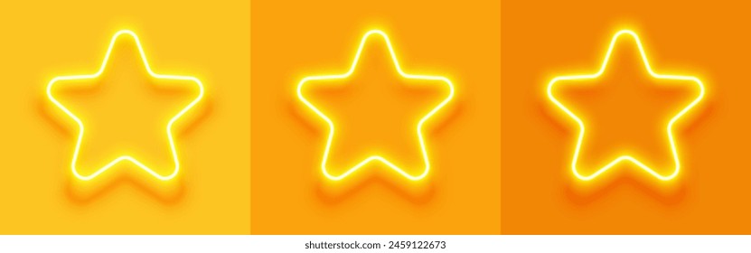 Conjunto de iluminación de neón en forma de estrella sobre fondo amarillo y naranja. Ilustración vectorial.