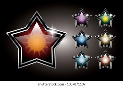 Set of star shaped backgrounds with a silver frame. Vector illustration.