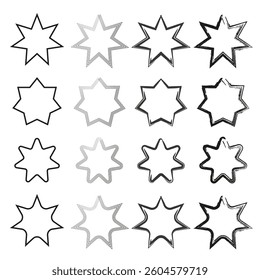 Set of star shapes. Abstract eight pointed. Geometric outline symbols. Black artistic elements.