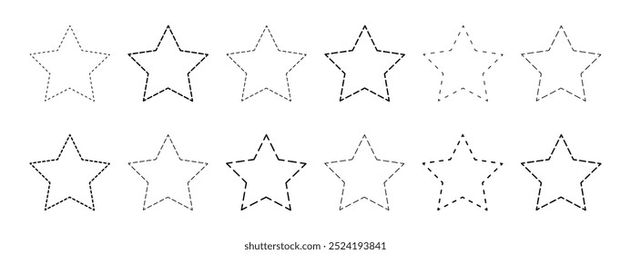 Conjunto de formas de estrela com linhas tracejadas. Figuras geométricas pontilhadas isoladas sobre fundo branco. Corte aqui pictogramas. Ilustração de contorno de vetor.