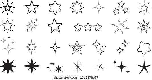 Set of star shapes icon. Abstract cool shine effect sign vector design, star outline  and fil icon collection, Line star glitter shine of doodle set.