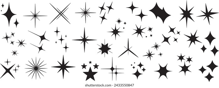 Conjunto de la colección de iconos de formas de estrella. Signo abstracto del efecto del brillo fresco, conjunto abstracto del vector del símbolo de las siluetas negras del destello