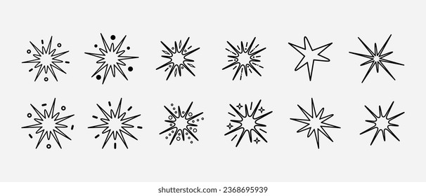 Conjunto de formas de estrella. Estrellas de diseño de vectores de línea brillan. Plantillas de diseño, afiches, banners, tarjetas. Fuego de fuego.