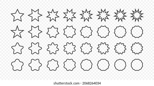 Set of star shapes. Polygonal elements. Outline geometric design symbol on transparent background.  Sign for banner and sale in vector flat style.