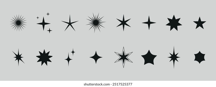 Set of star shapes. Retro futuristic sparkle icons collection. Magic light flare pack for design template, poster, banner, brochure, leaflet. Vector glitter glitter illustration.