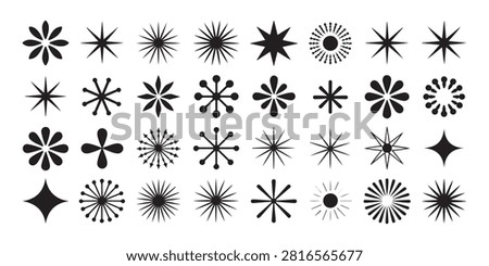 Set of star shapes, snowflakes, and abstract geometric ornaments for graphic design and decoration.