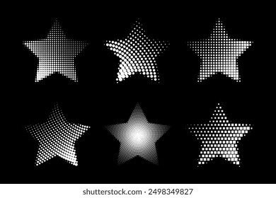 set of star sign, vector dotted halftone stars on black background