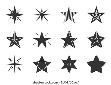Set of star silhouette icon. Glyph starry sign for design logo. Abstract template different shape stars. Silhouette classic rank reward in game or web site premium rating Isolated vector illustration