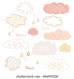 Set of star, sky, clouds and rain drops. Collection of flat weather forecast icons, pattern, label for child, symbol, nursery room decoration. Vector doodle for logo, postcard, web and print design