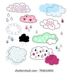Set of star, sky, clouds and rain drops. Collection of flat weather forecast icons, pattern, label for child, symbol, nursery room decoration. Vector doodle for logo, postcard, web and print design
