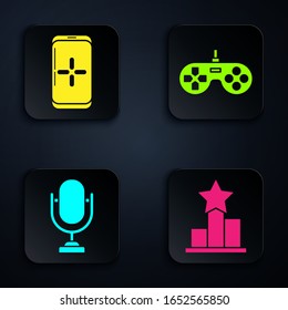 Set Star, Smartphone and playing in game, Microphone and Gamepad. Black square button. Vector