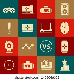 Set Star, Smartphone and playing in game, Computer mouse gaming, Ar, augmented reality, Laptop, Sword for, Gamepad and Router wi-fi signal icon. Vector
