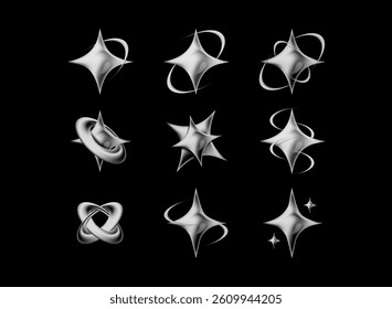 set of star spark and sparkle with line wave planet collection in 3d chrome liquid vintage metallic