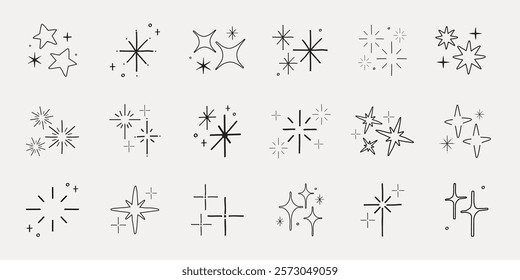 Set of star and sparkle icons. Various star shapes and sparkle designs. Minimalist star icons. Simple sparkle illustrations. Black and white star icons. Element vector set.