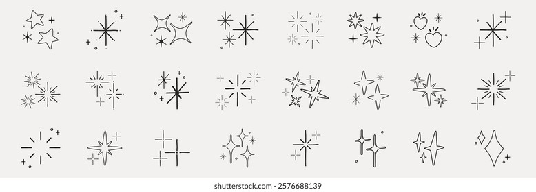 Set of star and sparkle icons in various styles. Sparkle designs include stars, bursts, and twinkles. Perfect for adding sparkle to designs and graphics. Element vector set.