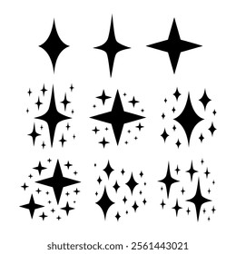 Set of Star Sparkle Shapes. Abstract Shine Vector Sign. Retro Futuristic Bright Icons Collection. Glowing Light Effect, Twinkle Templates Stars and Bursts, Shiny Flash.