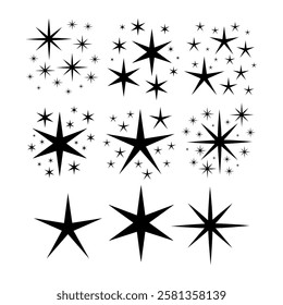 Set of Star Sparkle Shapes. Abstract Shine Vector Sign. Retro Futuristic Bright Icons Collection. Glowing Light Effect, Twinkle Templates Stars and Bursts, Shiny Flash.