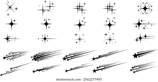 Set of star sparkle shapes glitter stars icons, Shine or sparkle collection, falling Star Vector Black Shooting Star Retro futuristic sparkle.