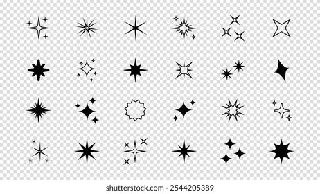 Set of star sparkle shapes with neon glow. Abstract shine effect vector icons in retro futuristic style. Twinkling stars, flashes, and bursts for creative design elements on a transparent bg