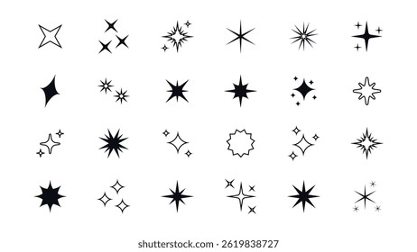 Conjunto de estrelas cintilantes formas com brilho de néon. Abstrato brilho efeito vetorial ícones em estilo futurista retro. Estrelas cintilantes, flashes e explosões para elementos de design criativo em um bg transparente