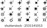 Set of star sparkle shapes. Retro futuristic sparkle icons collection. Shine or sparkle vector of eighteen various stars in black color.  Different spark star icon