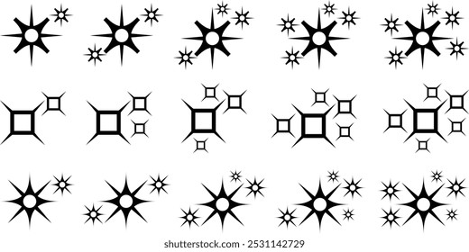 Set of star sparkle shapes. Retro futuristic sparkle icons collection. Shine or sparkle vector of eighteen various stars in black color. Abstract shining flash symbols
