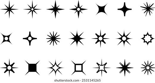 Conjunto de Formas brillantes de estrella. Colección de iconos de destellos futuristas retro. Brilla o destella el Vector de dieciocho estrellas diversas en color negro. Estrellas y chispas.