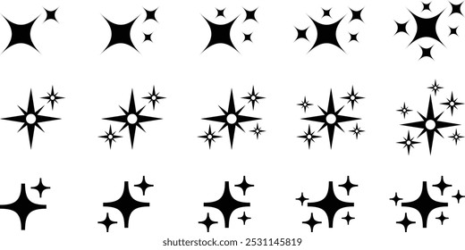 Sternenfunkelformen. Retro futuristische glitzernde Icons Sammlung. Glanz oder funkelnder Vektor von achtzehn verschiedenen Sternen in schwarzer Farbe. Flash-Symbolsatz