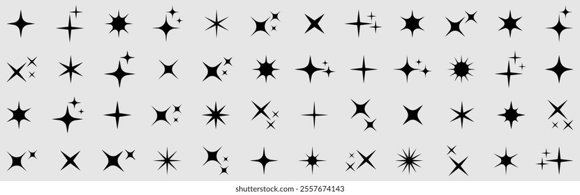 Set of star sparkle shapes. Retro futuristic sparkle icons collection. Shine or sparkle vector of eighteen various stars in black color. Different spark star icon. Vector illustration