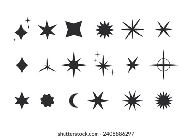 Set star sparkle silhouette y2k burst, geometry abstract shape isolated on white background. Collection futuristic hipster design elements
