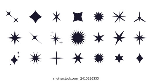 Set star sparkle silhouette y2k burst, geometry abstract shape isolated on white background. Collection futuristic hipster design elements