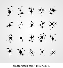 Set of star sparkling and twinkling cartoon. Black glittering star light particles. Vector illustration. Isolated on white background.