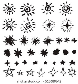 Set of star and sun doodles, hand drawn illustration. Hand-drawn black handle elements. Decorative design elements.
