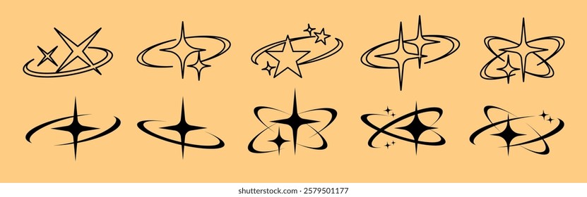 Set of star swirl icons on a beige background. Each swirl features unique star designs. Perfect for star-themed projects, star graphics, and star illustrations. Element vector collection.