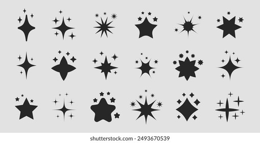 Set of star Y2k shapes. Abstract cool shine 70s 80s 90s design elements.