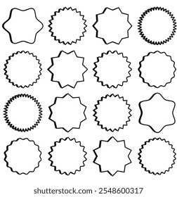 conjunto de ícone de explosão solar. ícone de emblemas. Estrelas se moldam com diferentes desenhos de raios. Ícone de etiqueta de preço de oferta especial. Projeto de etiqueta de venda em branco sobre fundo branco eps 10.