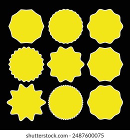 Set of Starburst icon, vector, Sunburst badge, silhouette. Zig zag edge circle design. set of yellow blots. Set of price tag, label, sales sticker on black background