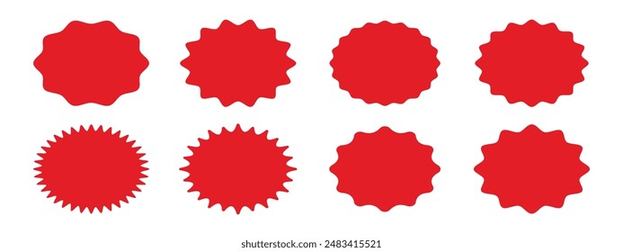 Set of starburst red stickers. Collection of special offer sale oval and round shaped sunburst labels and badges. Promo stickers with star edges. Vector illustration