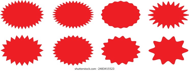 Set of starburst red stickers. Collection of special offer sale oval and round shaped sunburst labels and badges. Promo stickers with star edges. Vector illustration