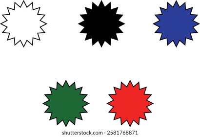 Set of starburst shapes in various styles and designs, including wavy, spiked, and circular patterns, ideal for creative projects and graphic design with transparent background."